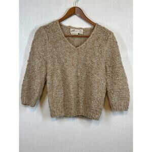 VTG Hand Knit J H Collections Sweater M Tan 1/2 Sleeves Wool Blend Classy Clean